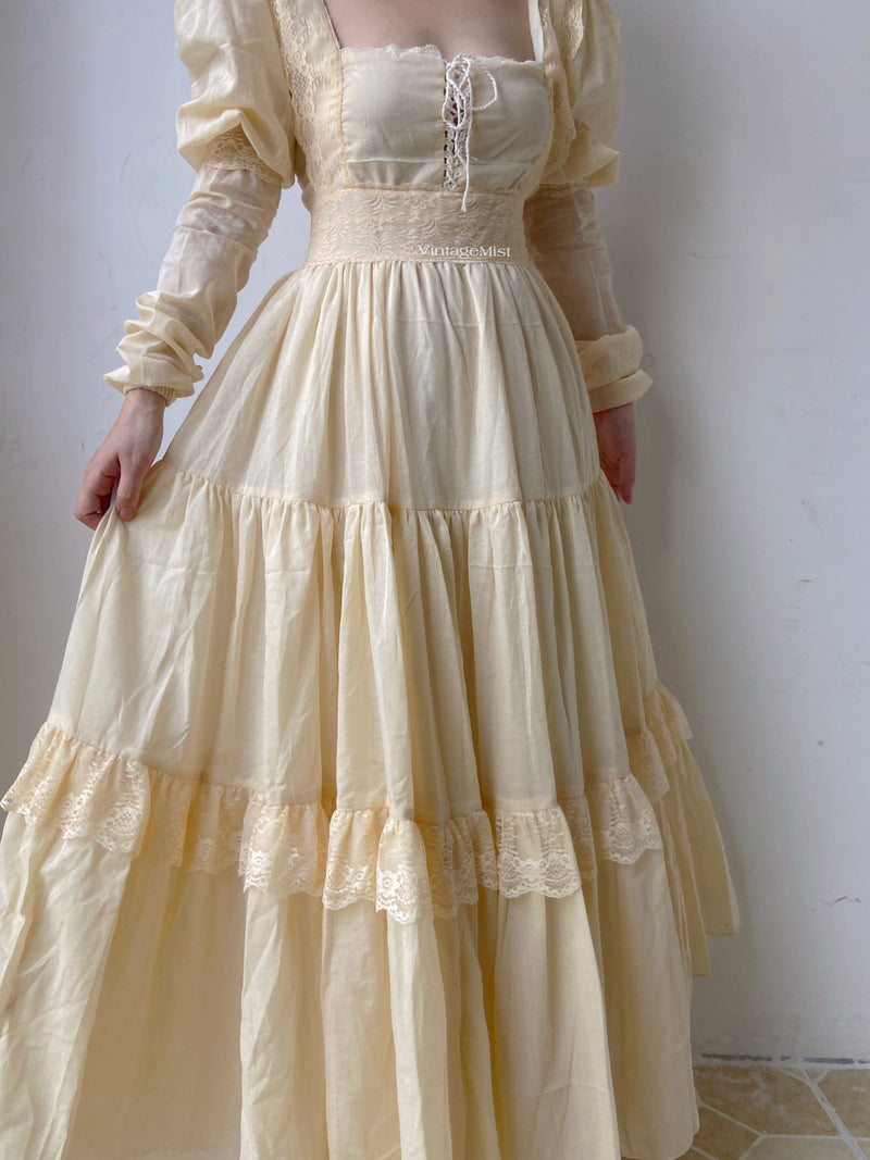 Square Neck Long Lantern Sleeve Lace Dress - Apricot | VintageMist