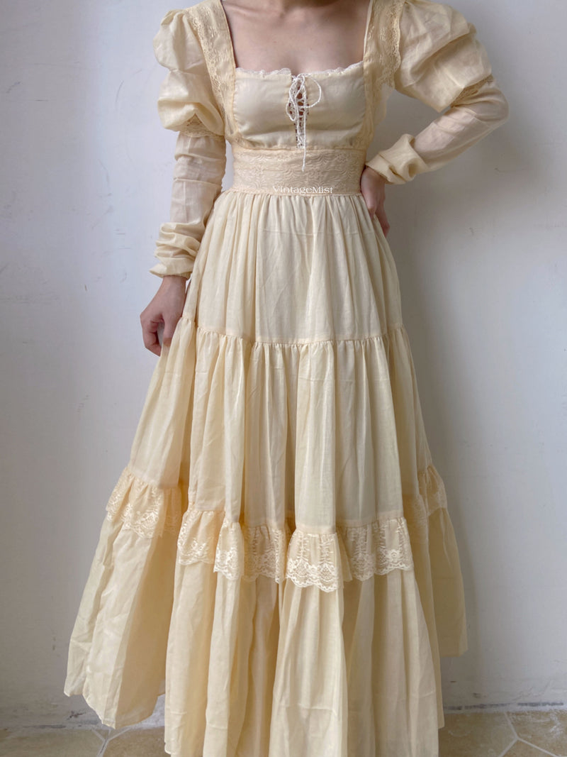 Square Neck Long Lantern Sleeve Lace Dress - Apricot | VintageMist