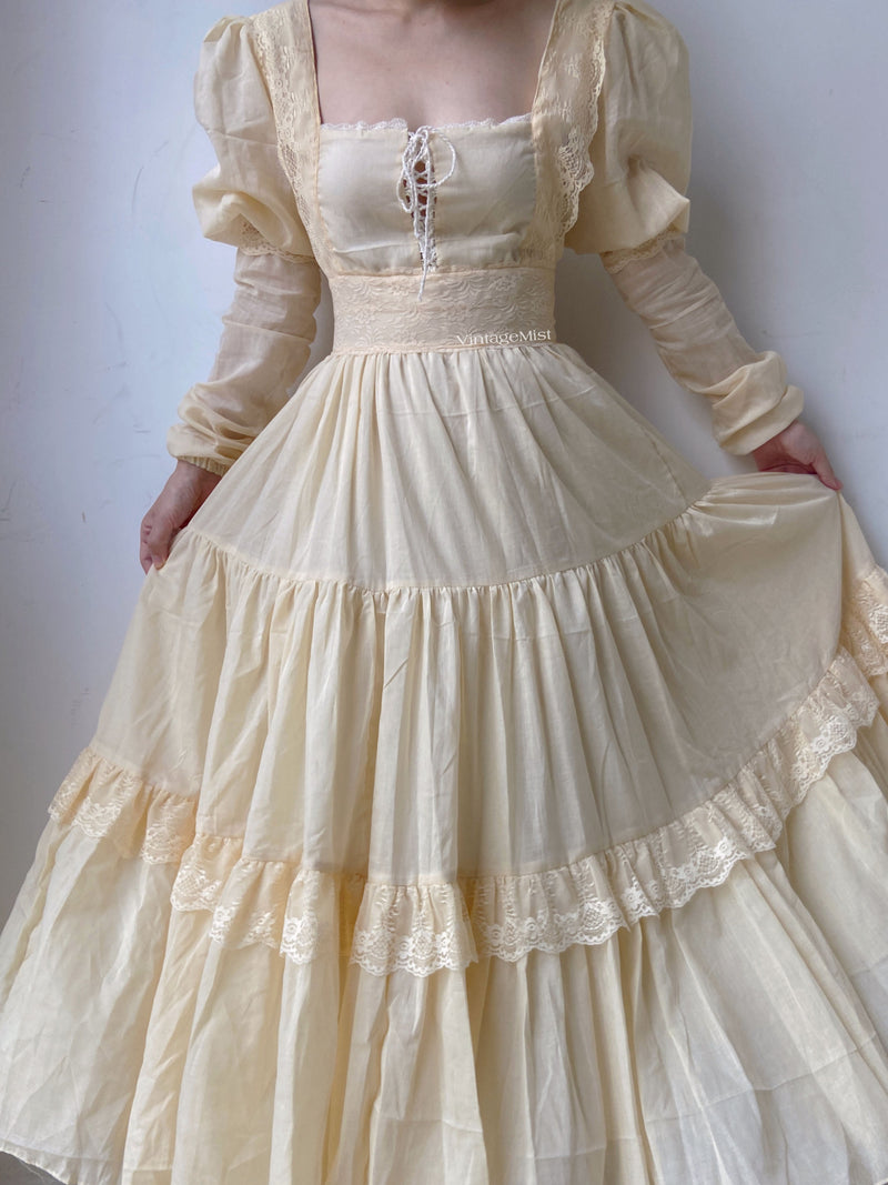 Square Neck Long Lantern Sleeve Lace Dress - Apricot | VintageMist