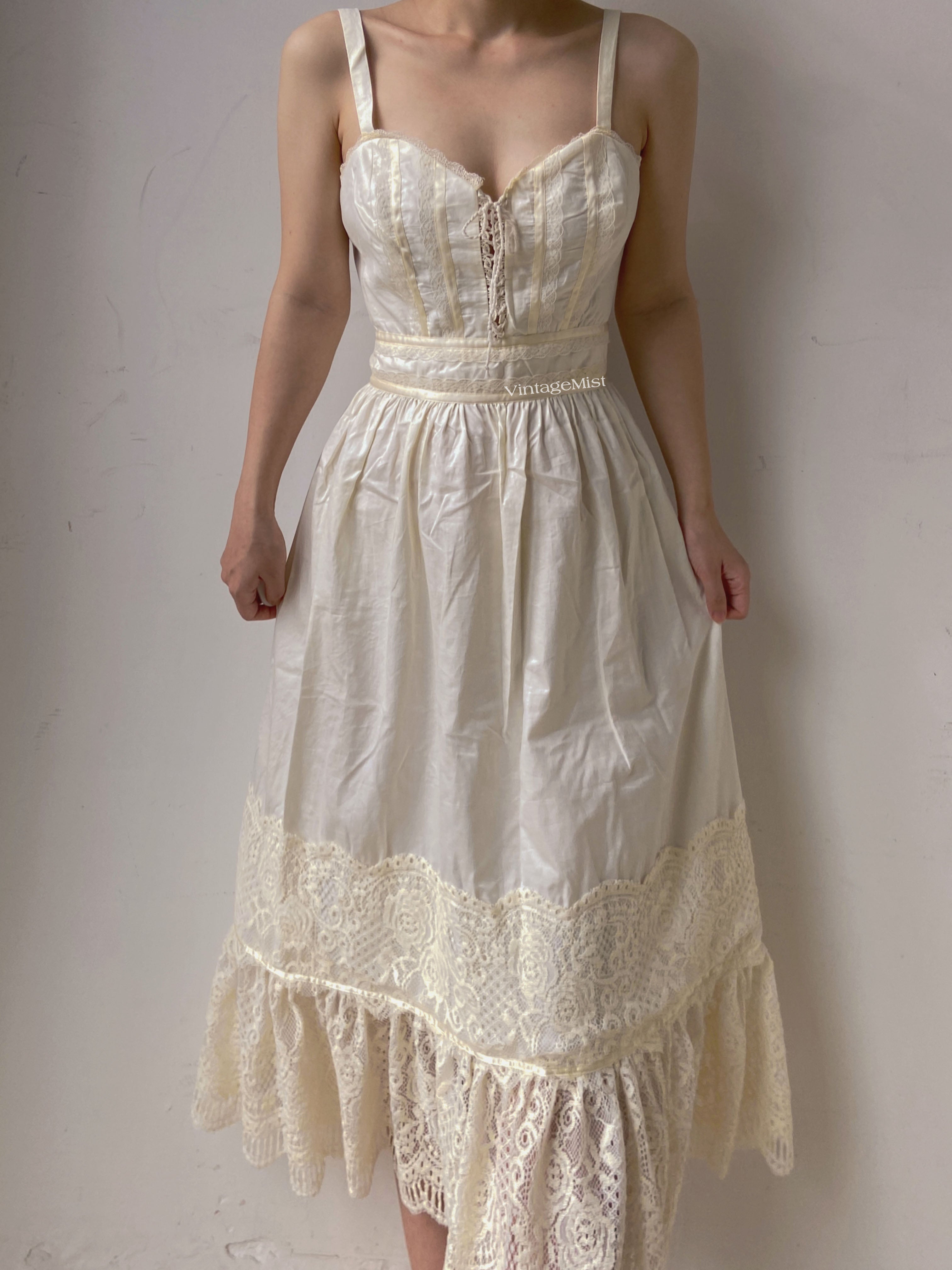 Strap Corset Dress with Lace Splicing - Ivory | VintageMist