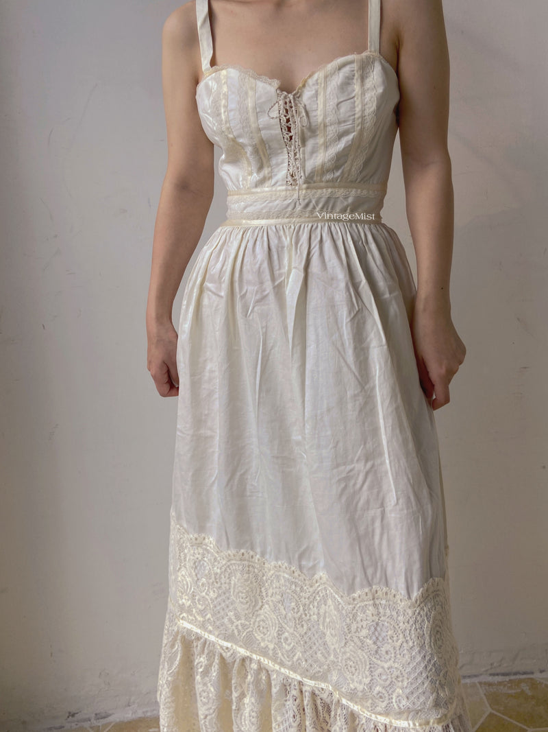 Strap Corset Dress with Lace Splicing - Ivory | VintageMist_