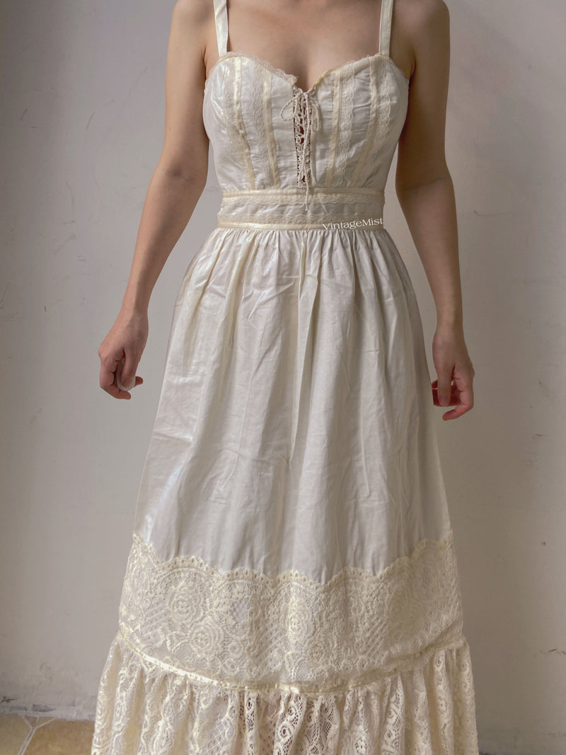 Strap Corset Dress with Lace Splicing - Ivory | VintageMist_