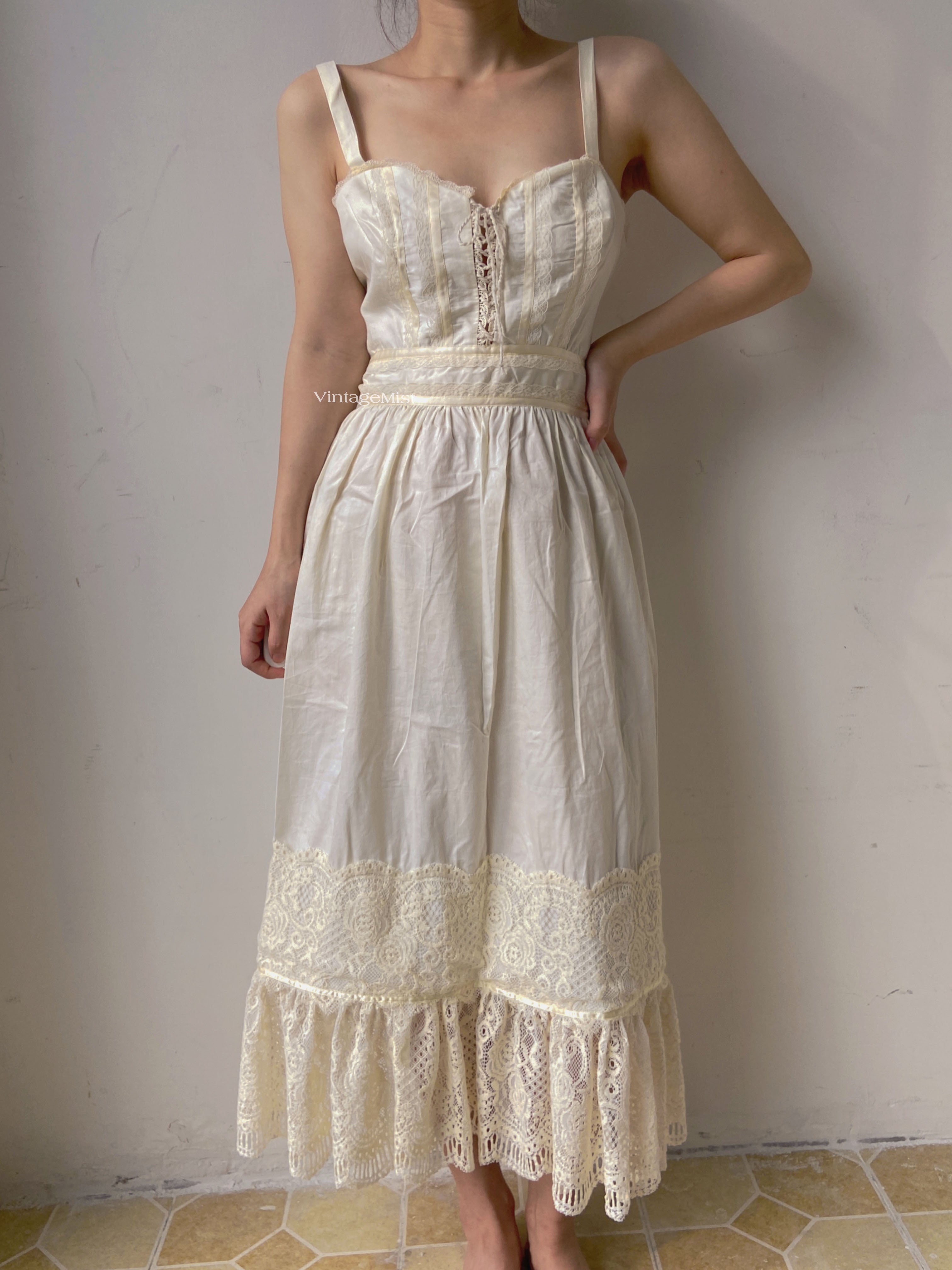 Strap Corset Dress with Lace Splicing - Ivory | VintageMist_
