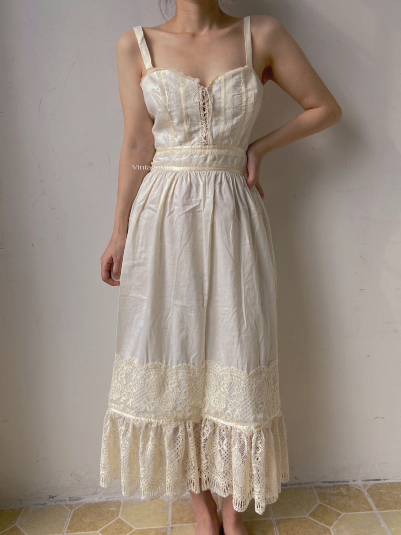 Strap Corset Dress with Lace Splicing - Ivory | VintageMist_