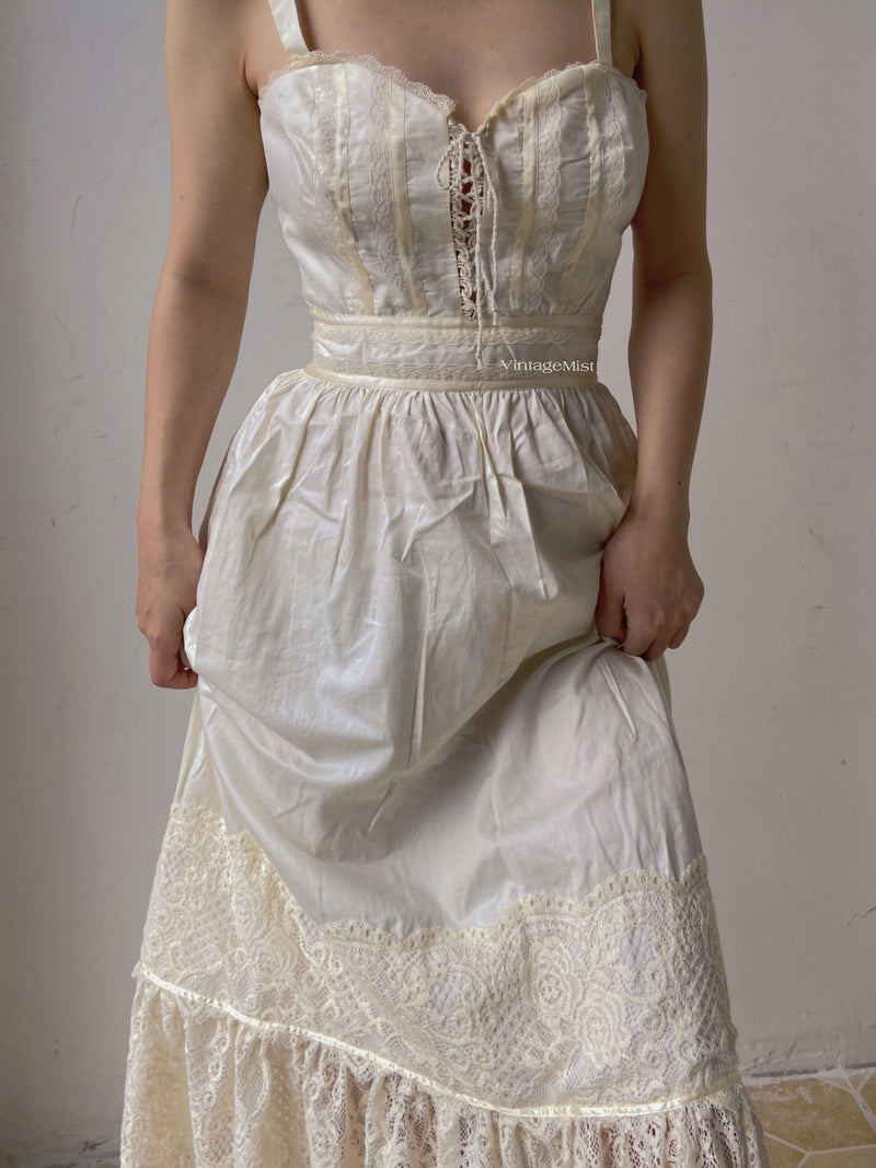 Strap Corset Dress with Lace Splicing - Ivory | VintageMist_