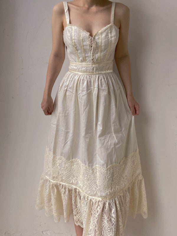 Strap Corset Dress with Lace Splicing - Ivory | VintageMist