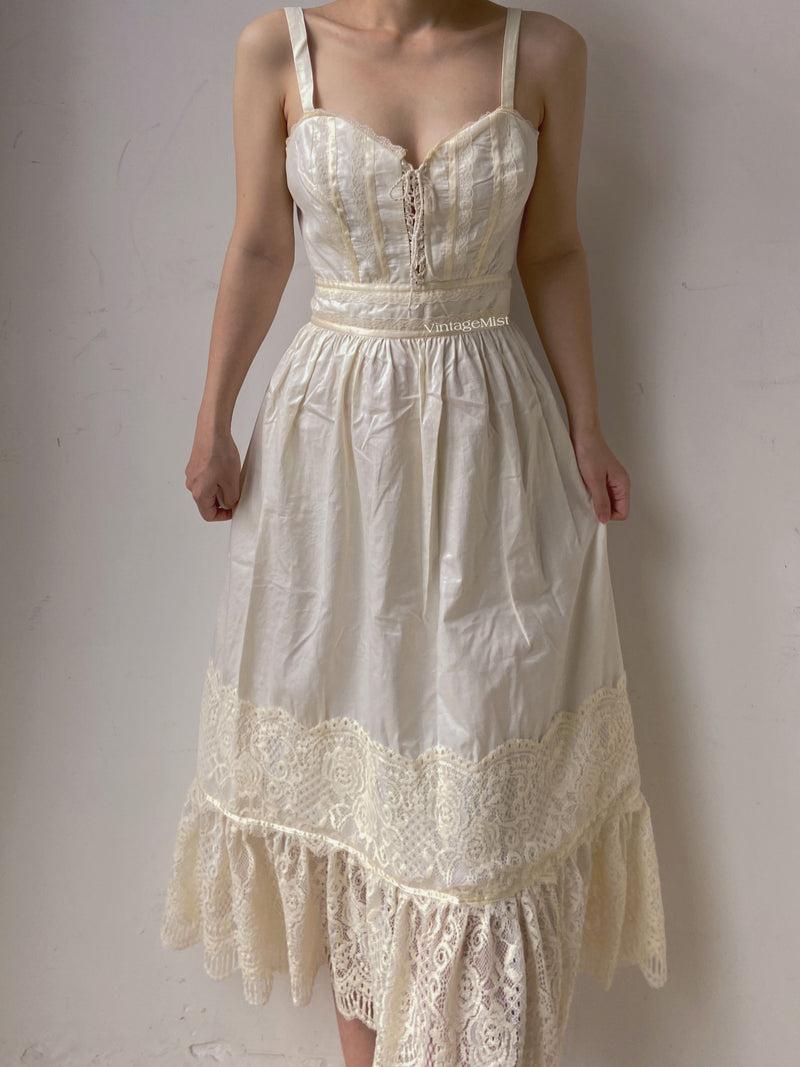 Strap Corset Dress with Lace Splicing - Ivory | VintageMist