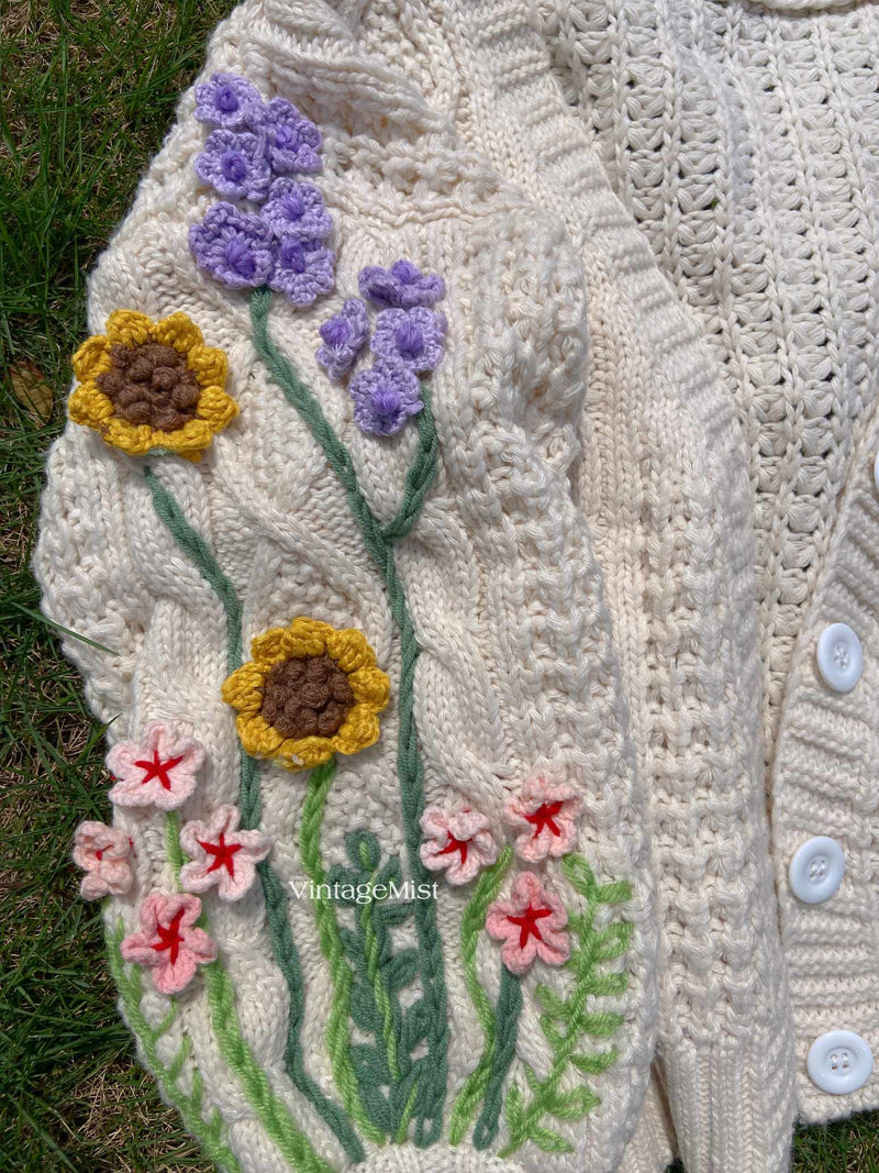 Sunflower Lavender Embroidery Cardigan - Ivory | VintageMist