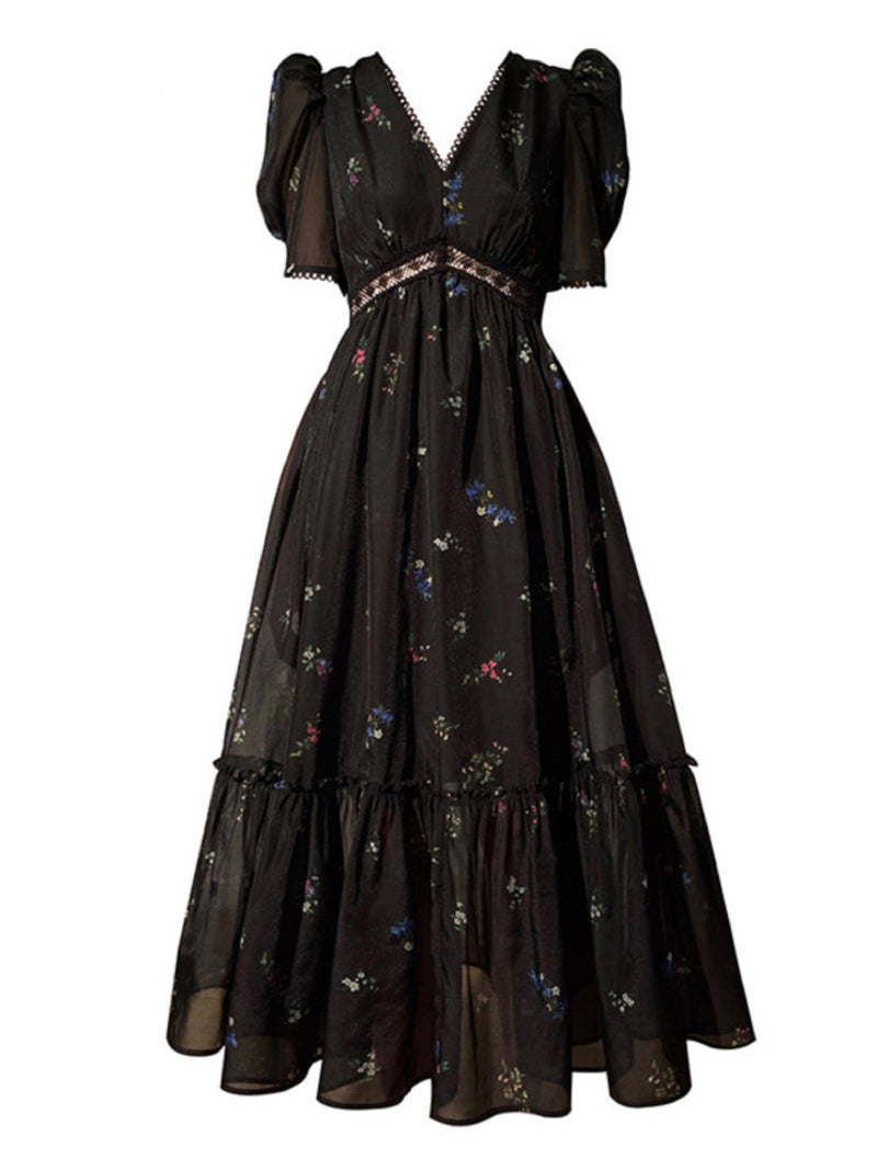 V-neck Floral Retro Puff Sleeve Dress - Black | VintageMist_