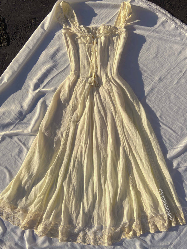 Vintage Lace Trim Strap Dress with Back Zip Front Lace-up - Cream | VintageMist