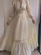 Vintage 70s  Lace Gown Maxi Dress with Long Sleeves - Beige | VintageMist