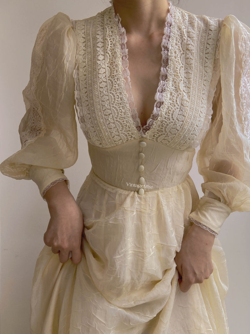 Vintage 70s  Lace Gown Maxi Dress with Long Sleeves - Beige | VintageMist