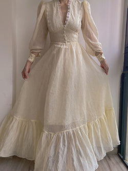 Vintage 70s  Lace Gown Maxi Dress with Long Sleeves - Beige | VintageMist