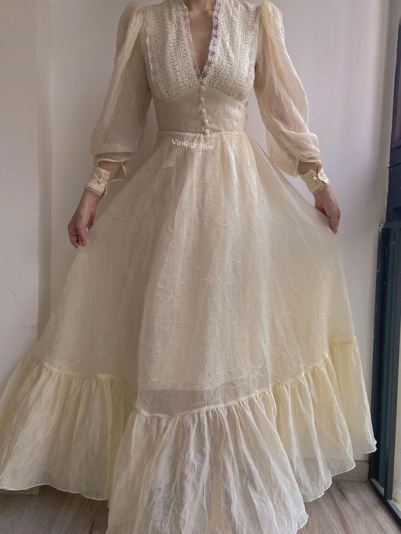 Vintage 70s  Lace Gown Maxi Dress with Long Sleeves - Beige | VintageMist