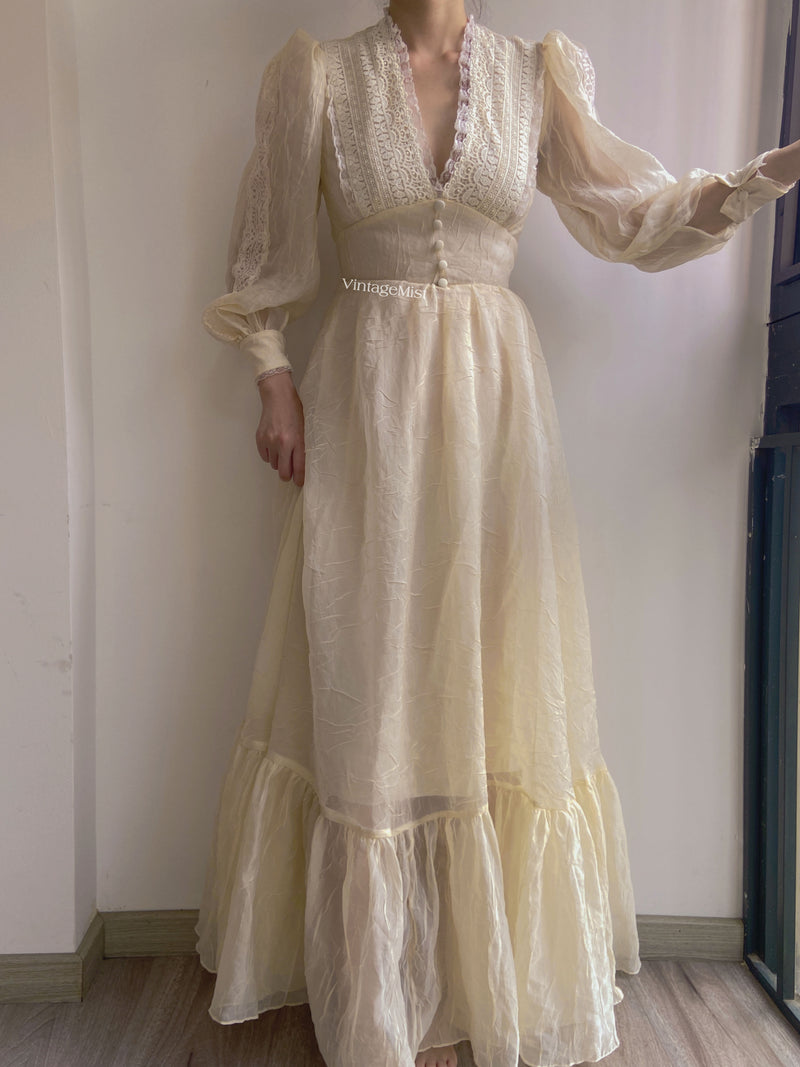 Vintage 70s  Lace Gown Maxi Dress with Long Sleeves - Beige | VintageMist