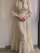 Vintage 70s  Lace Gown Maxi Dress with Long Sleeves - Beige | VintageMist
