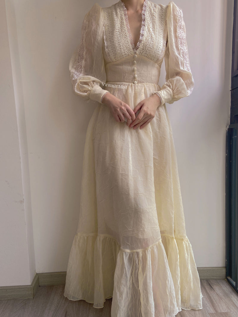 Vintage 70s  Lace Gown Maxi Dress with Long Sleeves - Beige | VintageMist
