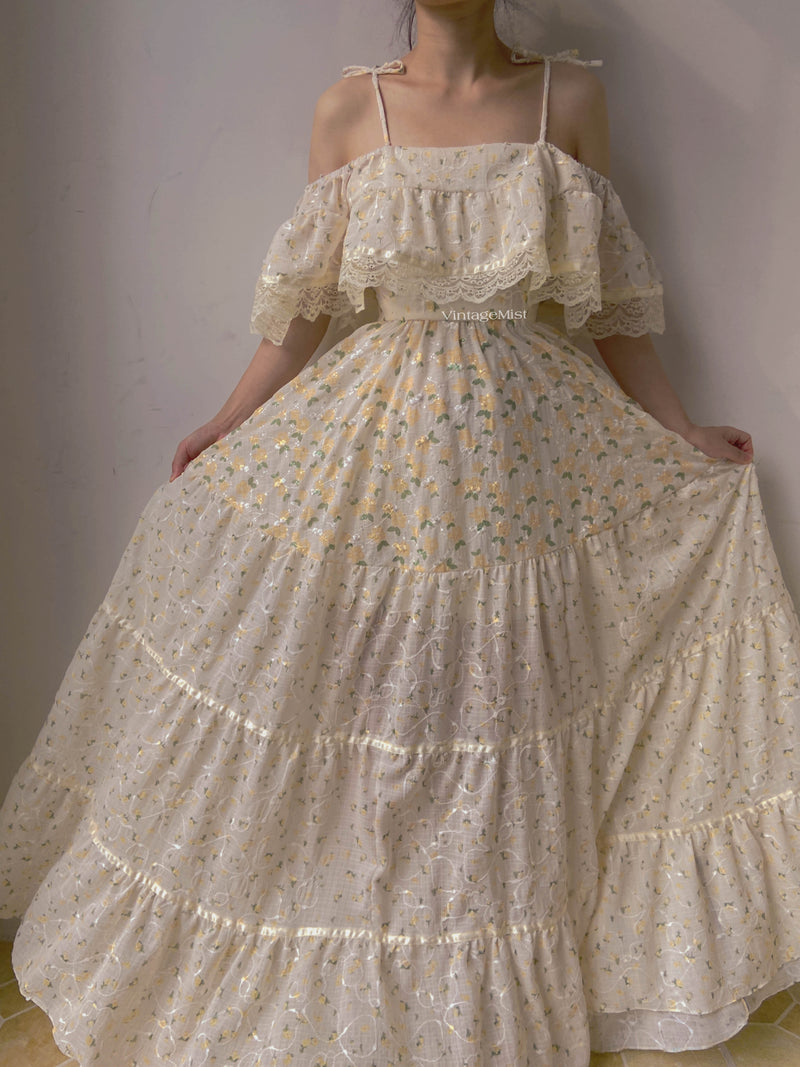 Vintage Floral Ruffled Lace Maxi Dress - Beige | VintageMist