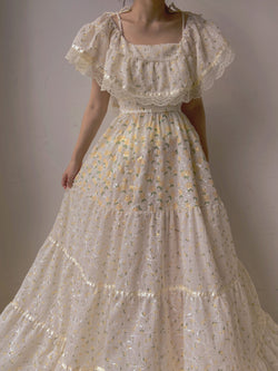 Vintage Floral Ruffled Lace Maxi Dress - Beige | VintageMist