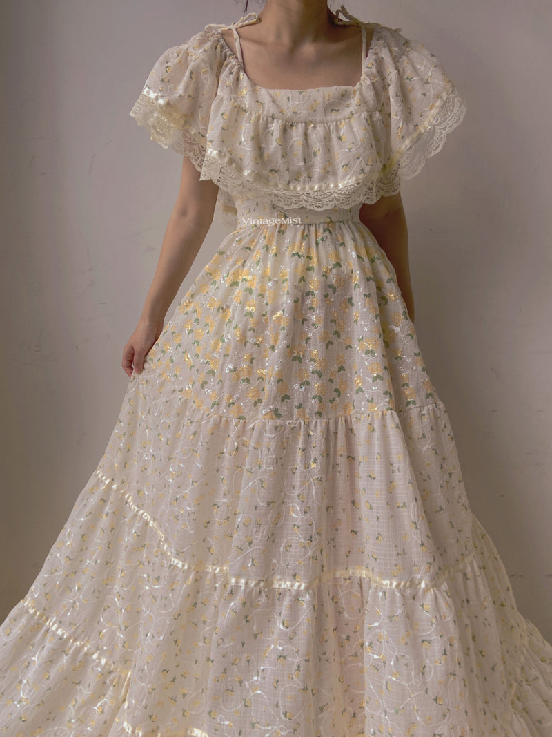 Vintage Floral Ruffled Lace Maxi Dress - Beige | VintageMist