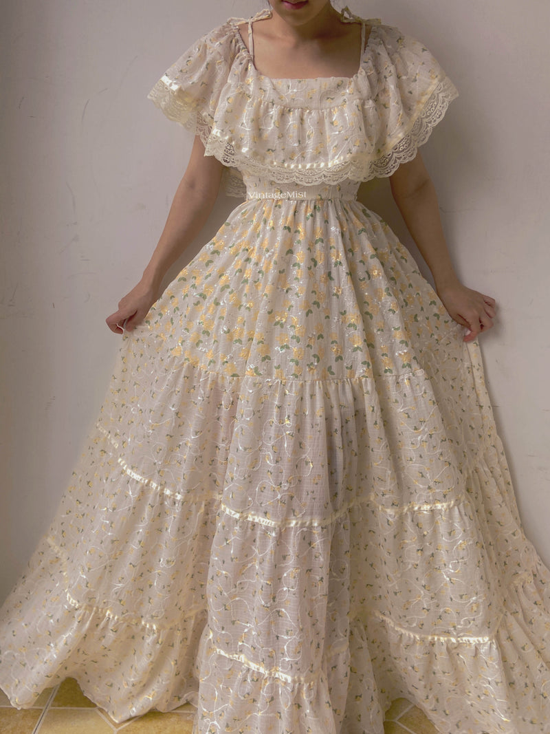 Vintage Floral Ruffled Lace Maxi Dress - Beige | VintageMist