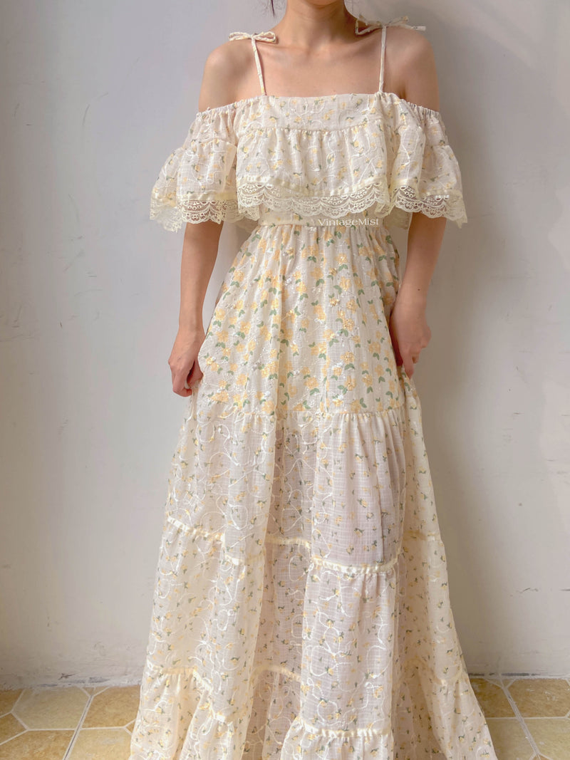 Vintage Floral Ruffled Lace Maxi Dress - Beige | VintageMist