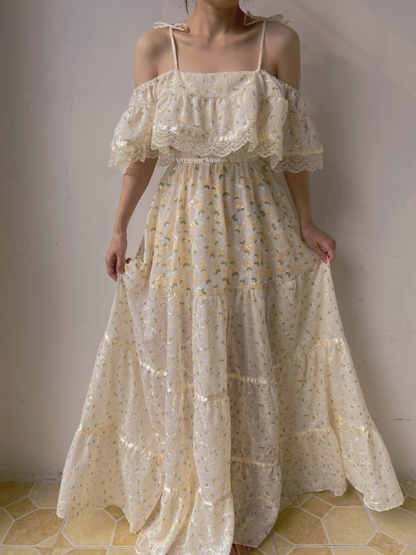 Vintage Floral Ruffled Lace Strap Maxi Dress - Beige | VintageMist_