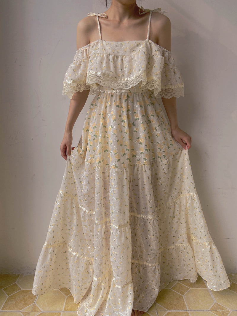 Vintage Floral Ruffled Lace Strap Maxi Dress - Beige | VintageMist_