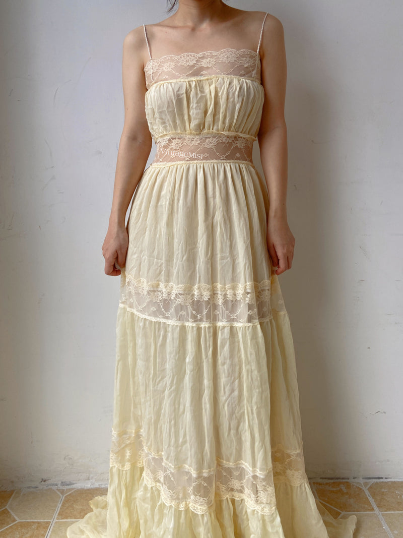 Vintage Lace Dress Lace Ruffle Gown - Light Yellow | VintageMist_