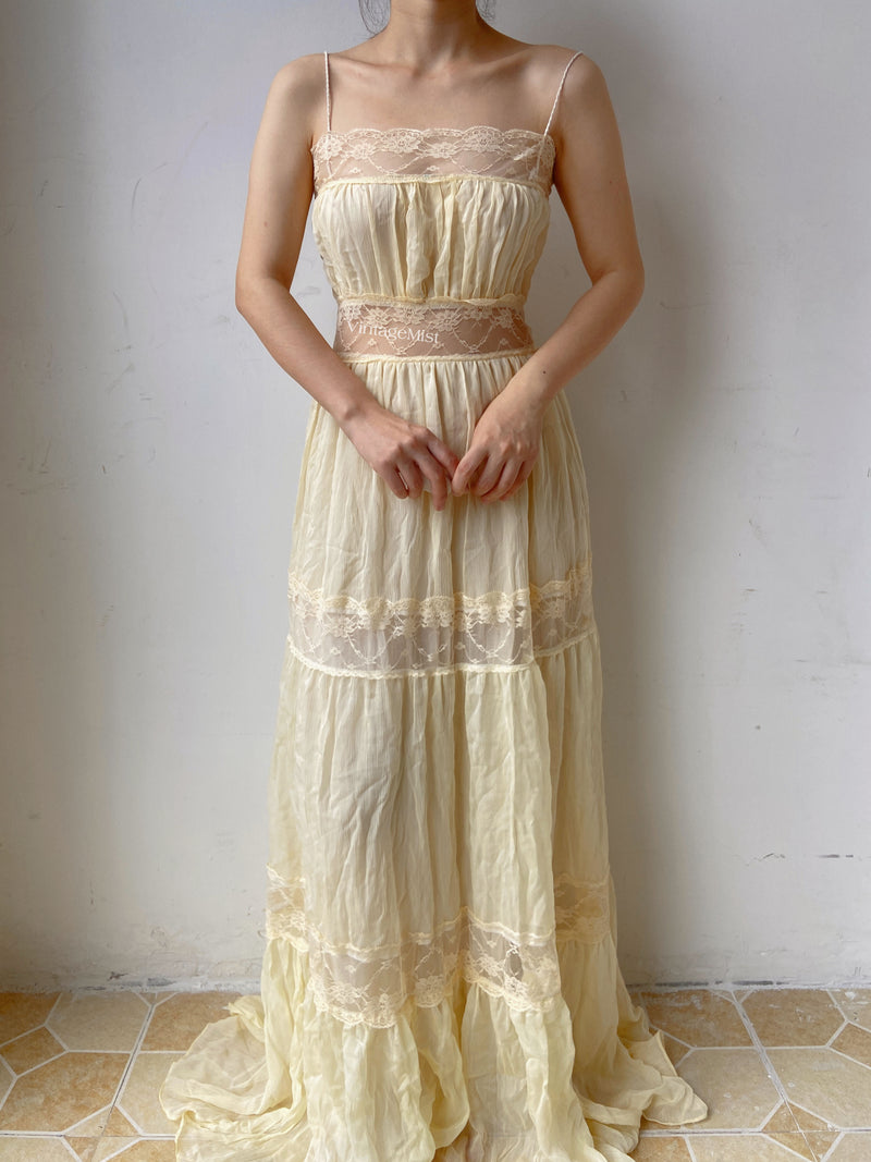 Vintage Lace Dress Lace Ruffle Gown - Light Yellow | VintageMist_