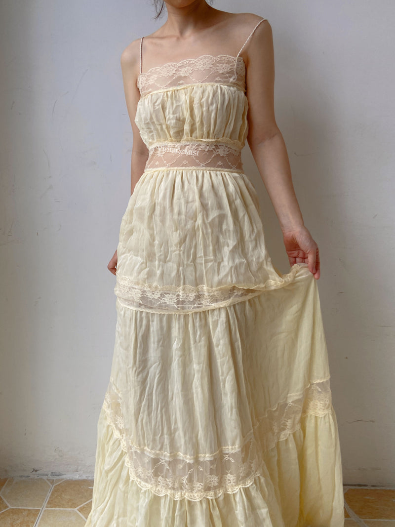Vintage Lace Dress Lace Ruffle Gown - Light Yellow | VintageMist_