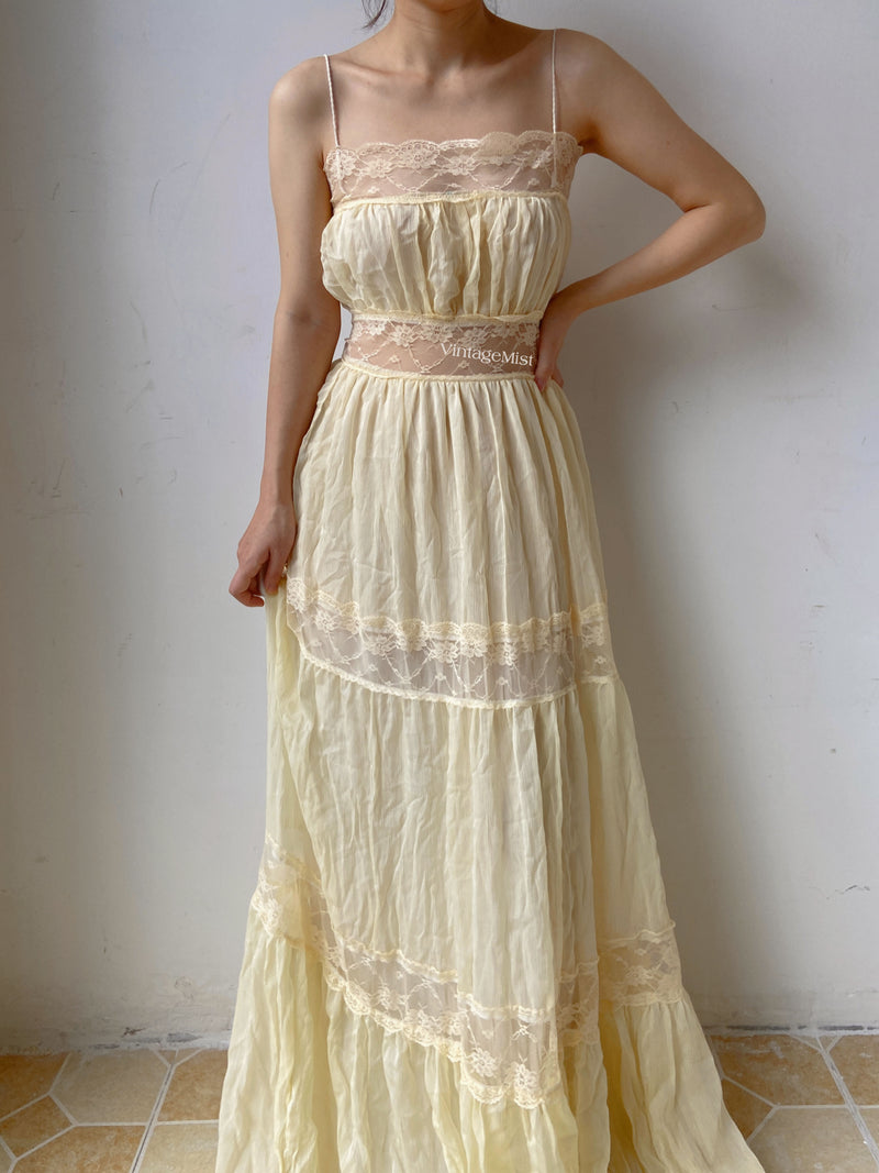 Vintage Lace Dress Lace Ruffle Gown - Light Yellow | VintageMist_