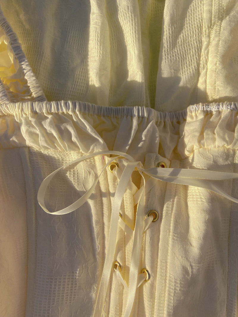 Vintage Lace Trim Strap Dress with Back Zip Front Lace-up - Cream | VintageMist