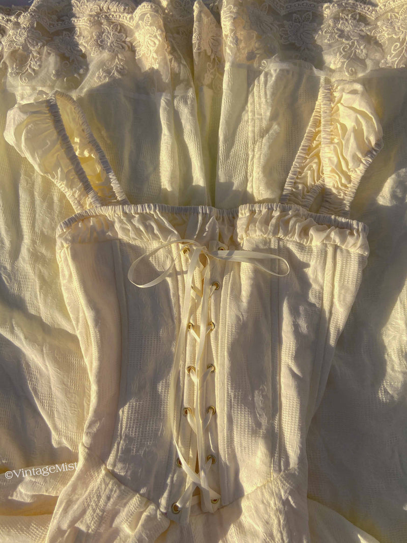 Vintage Lace Trim Strap Dress with Back Zip Front Lace-up - Cream | VintageMist