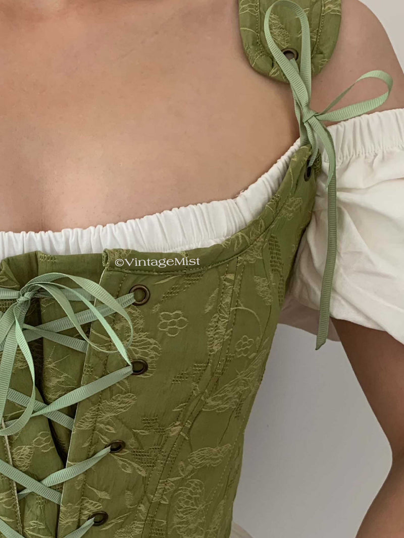 Vintage Lace Up Floral Print Strap Corset Top - Green | VintageMist