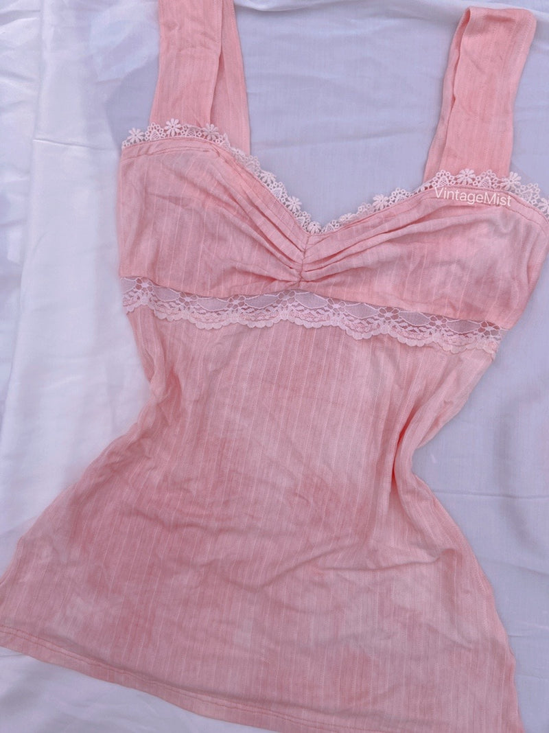 Tie Dye Lace Block Jersey Knit  Tank Top - Pink | VintageMist
