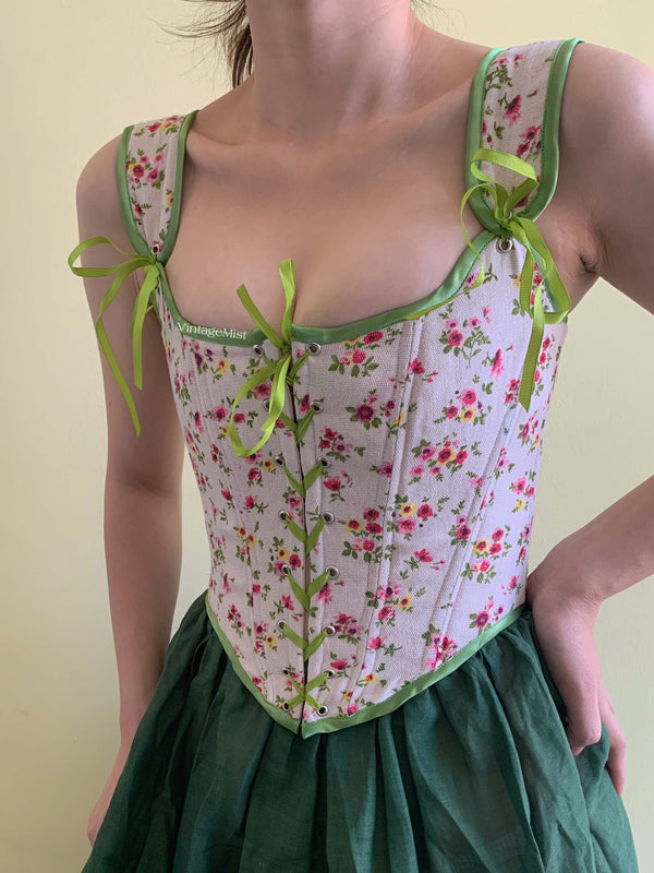 Women Retro Floral Cottagecore Strappy Corset - Ivory | VintageMist