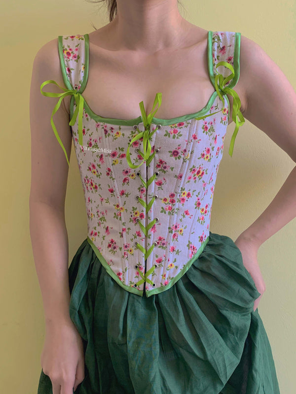 Women Retro Floral Cottagecore Strappy Corset - Ivory | VintageMist