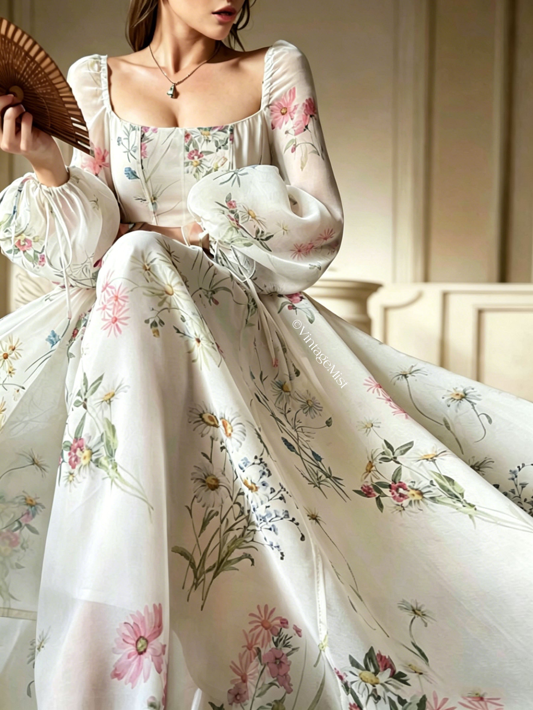 Women's Ivory Blooming Floral Square Neck Fairy Dress | VintageMist