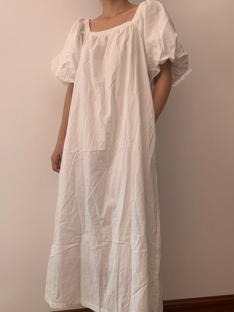 Women's Puff Sleeve Simple Dress - White | VintageMist