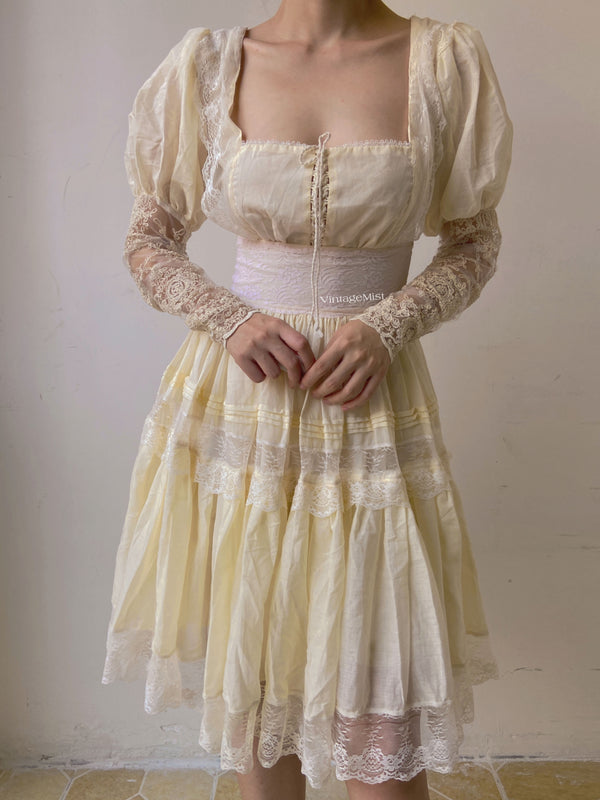 Lace Leg-of-Mutton Sleeve Pleated Midi Dress