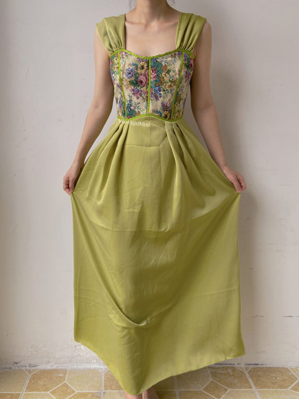 Vintage Green Floral Corset Midi Dress