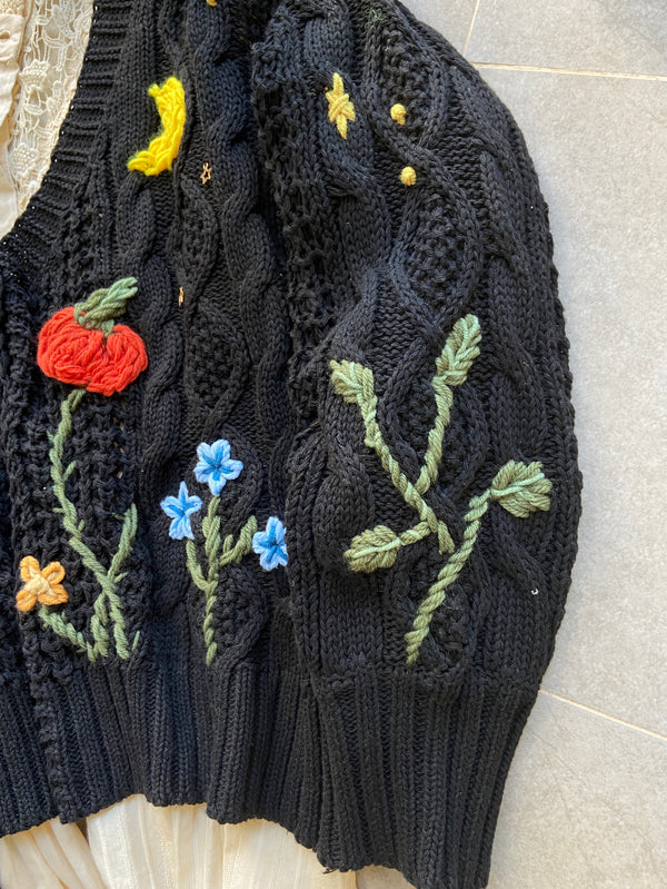 Mushroom Daisy Starry Sky Embroidery Cardigan - Black | VintageMist