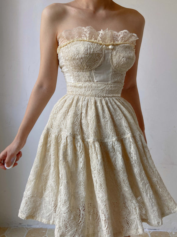 Lace Off-Shoulder Pleated Mini Dress