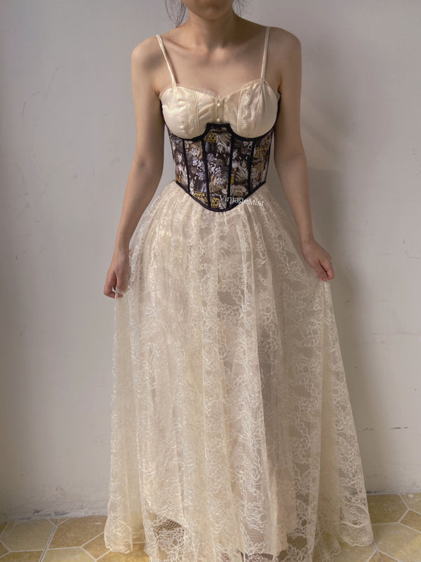 Floral Lace Strap Corset Dress - Beige | VintageMist