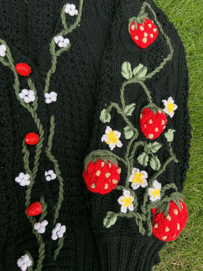 Handmade Strawberry Bloom Embroidery Cardigan - Black | VintageMist