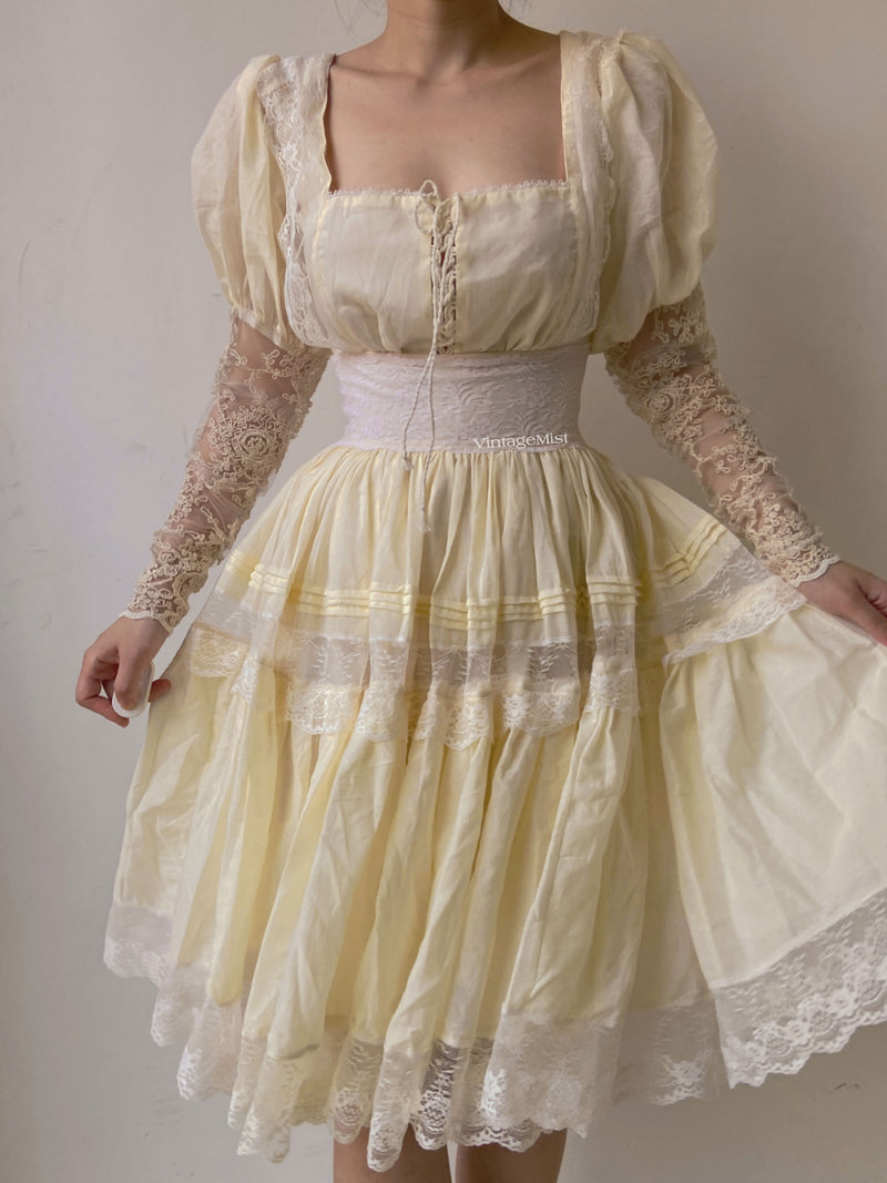 Lace Leg-of-Mutton Sleeve Pleated Midi Dress - Light Yellow | VintageMist