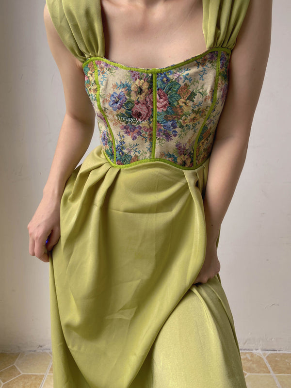 Vintage Green Floral Corset Midi Dress