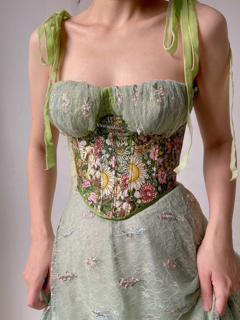 ​Renaissance Fairycore Floral Corset - Green | VintageMist