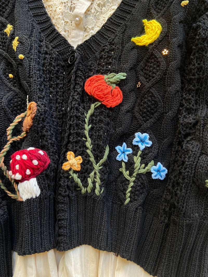 Mushroom Daisy Starry Sky Embroidery Cardigan - Black | VintageMist